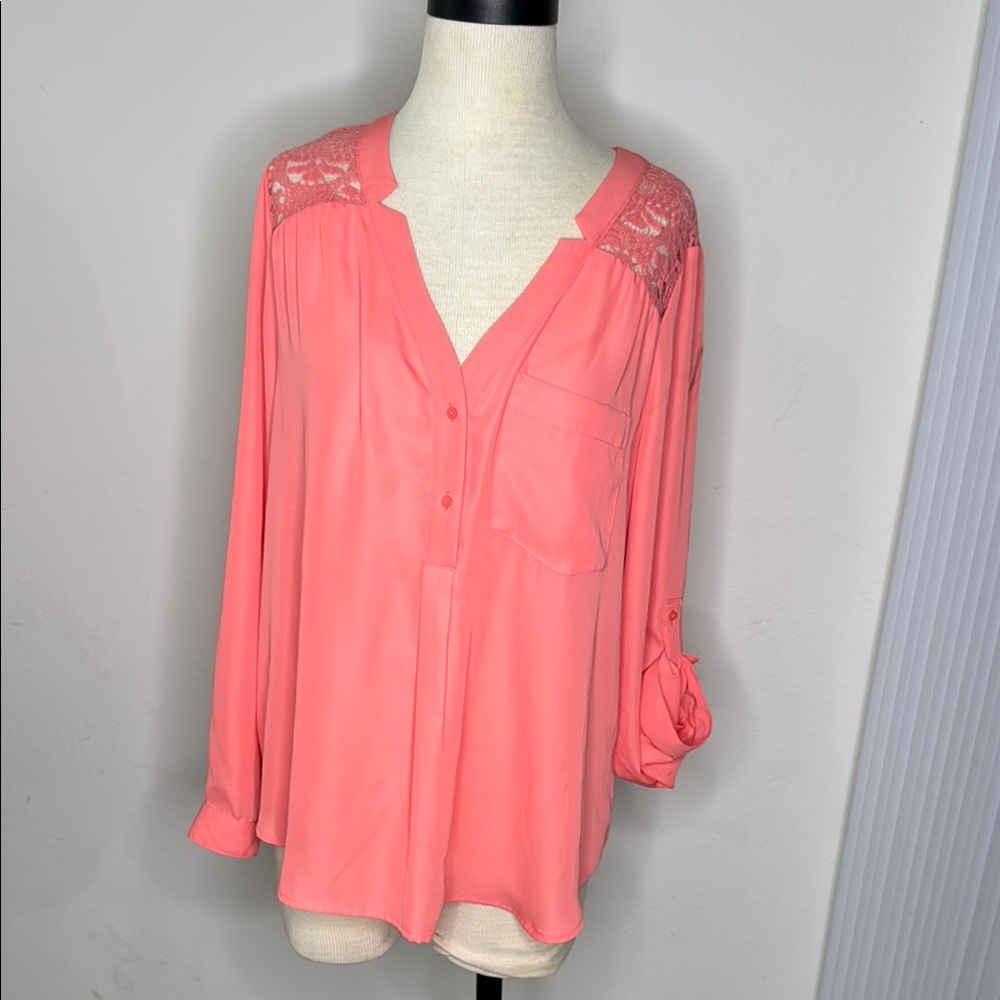Candies Womens Button Up Blouse Size XL PTP 22” Long Sleeve 100% Polyester Coral
